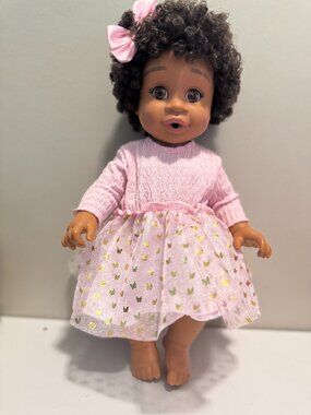 Baby Alive Sweet Spoonfuls Black Hair Doll Pink Dress Bow